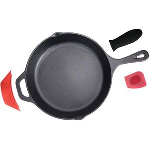 Cookware – 30 cm grote, robuuste gietijzeren pan/braadpan, ovenbestendig, koken buitenshuis, zwarte siliconen handgreep en rode siliconen schraper inbegrepen in de set (3,7 kg)