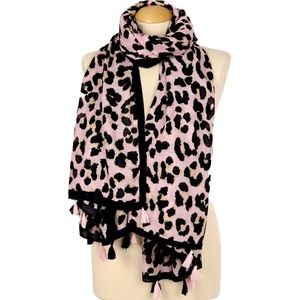 Lichtroze sjaal met animalprint - roze/zwart - katoenen kwastjes - sjaal met print - gemaakt van viscose - sjaal voor dames