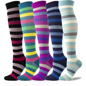 5 paar Interessante patronen compressiekousen voor dames en heren, kniekousen met aflopende ondersteuning voor reizen en vluchten(S-M)