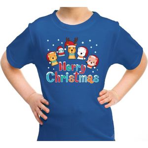 Foute kerst shirt / t-shirt dierenvriendjes Merry christmas blauw voor kinderen - kerstkleding / christmas outfit 164/176