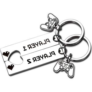 Gamerkoppel-sleutelhangers Player1 Player2 partnersleutelhangers voor hem en haar - cadeau voor Valentijnsdag - kerst - verjaardag - jubileum - zilver