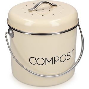 Navaris metalen compostbak 5L - Afvalbakje met 3x filter tegen vieze geuren - Prullenbak met deksel voor gft-afval - Compostemmer keuken - Crème
