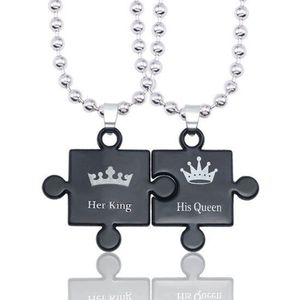 His Queen & Her King Puzzelstukken Ketting Set (Zwart) - Romantisch Liefdes Cadeau - Mannen Cadeautjes - Cadeau voor Man