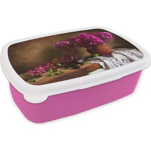 Broodtrommel Roze - Lunchbox - Brooddoos - Rustiek - Bloemen - Roze - Vaas - Stilleven - 18x12x6 cm - Kinderen - Meisje