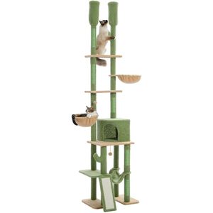 Hanimo Cactus Kattentoren - Krabpaal - Katten Krabpaal - Kattenkrabpaal Met Sisal - Kattenmeubel - Verstelbare Hoogte - Met Hangmat en 2 Mandjes - Voor Meerdere Katten - Hoogte 216-285cm - Groen