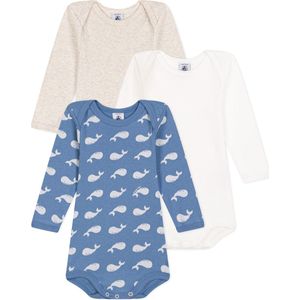 Petit Bateau Setje met 3 katoenen rompertjes met lange mouw en walvisprint voor baby's Unisex Rompertje - Maat 62