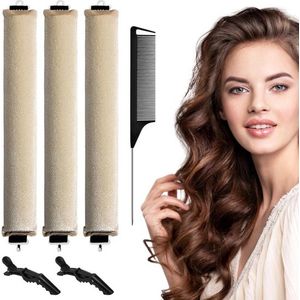 Hittevrije Flexibele Slaapkrullers - Set van 3 met Haak en Clips - DIY Krulspelden voor Krullend of Steil Haar (Beige)