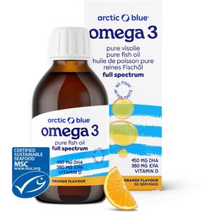 Arctic Blue - Omega 3 Visolie - 450 mg DHA + 380 mg EPA - Met Vit D - Sinaasappelsmaak - 50 doseringen - MSC Keurmerk