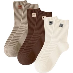 Sokken - 3 Paar Schattige Crew-Sokken - Esthetische Sokken met Glimlachend Gezicht - Geborduurde Katoenen Sokken voor Dames - Meisjes en Studenten