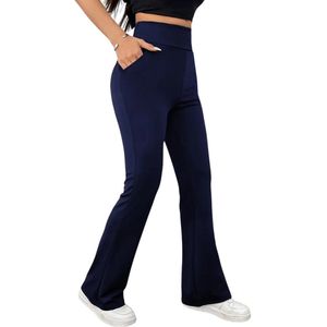 HORIZON Flared Broek met Zakken - Dames Legging - PETIT Pijplengte - Casual Flare Pants - Broek met Zakken - Stijlvol & Sportief - Rekbaar - Zachte stof - Navy Blue - Donkerblauw - Maat S
