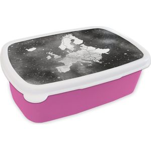 Broodtrommel Roze - Lunchbox - Brooddoos - Europakaart op sterrenstelsel achtergrond van waterverf - zwart wit - 18x12x6 cm - Kinderen - Meisje