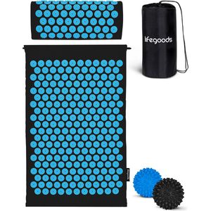 LifeGoods Spijkermat met Kussen - Shakti Mat - Acupressuur Mat - Spijkerbed - Massage Mat - Voor Pijnverlichting, Spierherstel, Stressverlichting en Meer - Incl. 2x Triggerpoint Bal - 60x40x2cm - Zwart/Turquoise