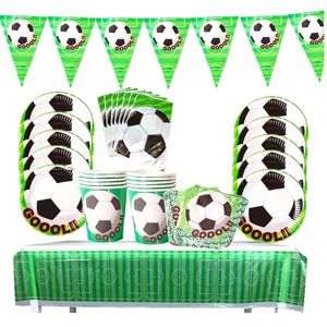 52 delige voetbal feest decoratie set - Uitdeel - Traktatie - Football - Verjaardag - Feestje - Servetten - Bekers - Bordjes - Slinger - Vlaggetjes - Tafelzeil - Uitdeelzakjes -Goal