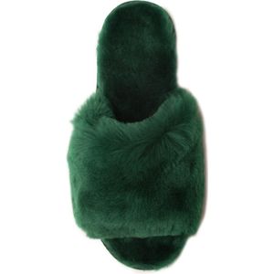 Luxe Wollen Fluffy Instapsloffen – EMU GROEN – Maat 38 – Handgemaakt van Schapenleer en Merinoswol – Antislipzool – Comfortabel en Duurzaam