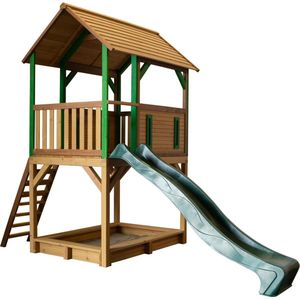AXI Pumba Speelhuis in Bruin/Groen - Met Verdieping, Zandbak en Groene Glijbaan - Speelhuisje voor de tuin / buiten - FSC hout - Speeltoestel voor kinderen