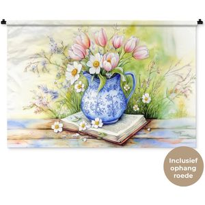 Wandkleed 120x80 cm - Wanddoek Vaas - Delftsblauw - Madeliefjes - Wandtapijt - Wandkleden
