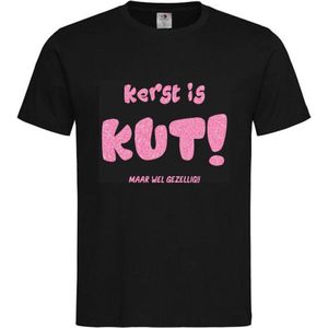 T-shirt Unisex Volwassenen Kerst Kerstmis Man Vrouw Grappig Tekst ""Kerst is KUT maar wel gezellig!!"" Op Voorkant | korte mouw | Zwart/Roze GLITTER | maat L