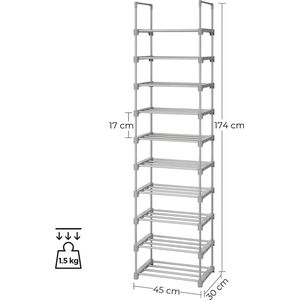 SONGMICS schoenenrek met 10 planken, groot metalen schoenenrek, DIY, standplank, ruimtebesparend, multifunctioneel, woonkamer, slaapkamer, keuken, 45 x 30 x 174 cm, grijs LSA025G02