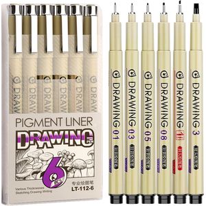 Ainy - Micro Fineliners Zes watervast - set van 6 zwart fineliner | fine liner kawaii manga / anime tekenen op schetsboek | bullet journal | handlettering | Pigment liner penselen | calligraphy pennen