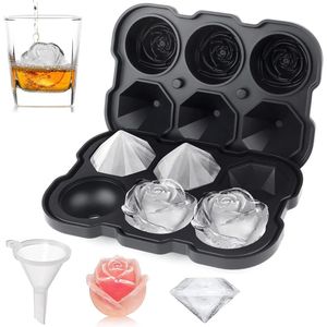 IJsblokjesvorm - 2 inch rozen IJsblokjesvorm met deksels - 3 holtes siliconen rozen ijsvorm/3 diamant ijsbal maker - gemakkelijk te verwijderen grote ijsblokjesvorm - voor gekoelde cocktails/whiskey sap - zwart
