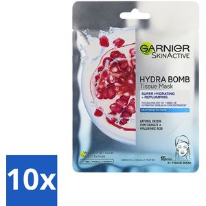 10 x Garnier - SkinActive - Hydra Bomb Sheet Mask - Granaatappel - Gezichtsmasker - 1 Gezichtsreinigingsmiddel - Hyaluronzuur - Anti-aging - Stralende Huid - Gezichtsverzorging