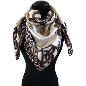 Vierkante luipaard sjaal in creme donkerbruin zijdezacht satijn 90 x 90 cm