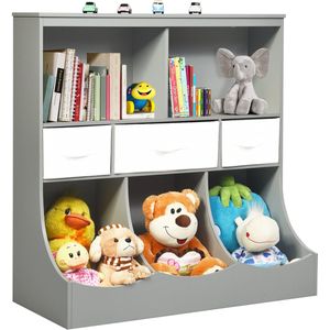 COSTWAY Kinderrek, speelgoedrek met 5 vakken en 3 laden, boekenkast voor kinderen, opbergrek, speelgoedorganizer voor kinderkamer en speelkamer, 93 x 40 x 94 cm, grijs