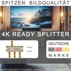 TronicXL 3voudige Sat coax Splitter 3D - 4K - Digitaal - HDTV compatibel kabeltelevisie Weerbestendig DVB-C, BK-Anlagen, DVB-S2, DVB-T2, DC-Power Pass coax stekker, Weerbestendige metalen behuizing