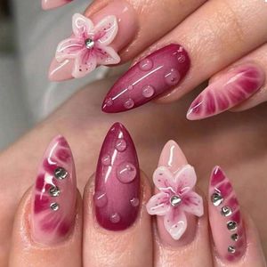 24 stuks Medium Roze Rode 3D Bloem Waterdrop Press-on Nagels - Stiletto Strass Acryl Nagels met Lijm - Valse Nagels met Ontwerp