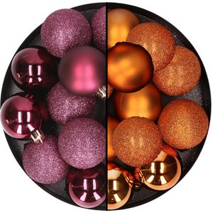 24x stuks kunststof kerstballen mix van aubergine en oranje 6 cm - Kerstversiering