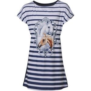 Meisjes jurk korte mouwen  paarden print - gestreept marine/wit | Maat 128/ 8Y