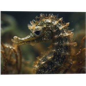Vlag - Bruingekleur zeepaardje in de zee tussen onderwater planten - 40x30 cm Foto op Polyester Vlag