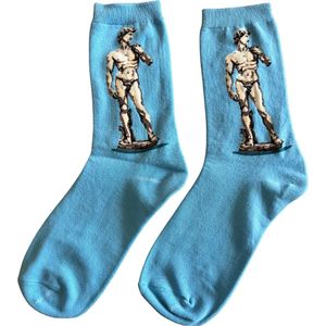 Kunstsokken 'David van Michelangelo' - Sokken dames/heren maat 38-42 - Blauw met wit standbeeld