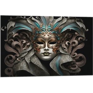 Vlag - Wit Venetiaanse carnavals Masker met Blauwe en Gouden Details tegen Zwarte Achtergrond - 75x50 cm Foto op Polyester Vlag