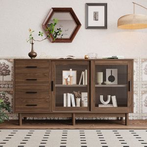 Sweiko Hoge kwaliteit dressoir gemaakt van walnootspaanplaat met glazen showcase, 4 laden, 2 glazen deuren, 140*40*75,8cm, woonkamer dressoir, woonkamer kast, hoekkast, glazen vitrine