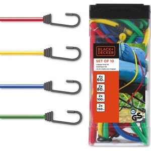 BLACK+DECKER Spanelastiek Set 10 Stuks - Spanbanden voor Bagage Auto - Elastisch Koord en Bagagebinder - Snelbinders met Haak - 60/80/100/150 cm