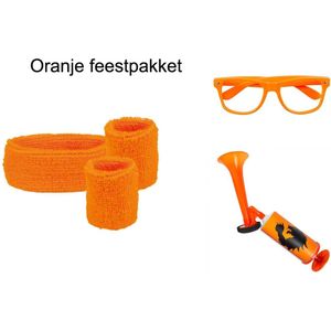 Fameilleur- Oranje feestpakket met zweetbandjes set- hoofdband oranje bril en toeter -EK-Nederland-Europees kampioenschap hoofd band- feestartikelen- feest artikelen- Holland- thema- koningsdag-konings dag- versiering- versier- oranje- verkleden-