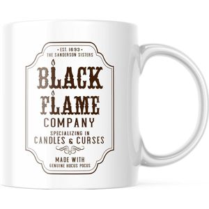 Halloween Mok met tekst: Black Flame Company - Specialzing in Candels & Curses - Made with genuine Hocus Pocus | Halloween Decoratie | Grappige Cadeaus | Koffiemok | Koffiebeker | Theemok | Theebeker