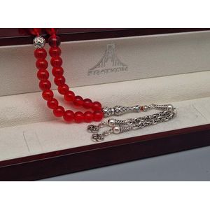 Tesbih Natuursteen ""Rode kwarts"" en 925 zilver met tassel ""Rozen"" - Aantal kralen 33 - Diameter kralen 8mm