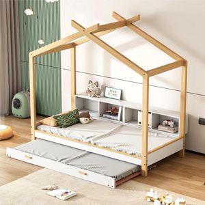 Sweiko Huisbed, Kinderbed met vier Compartimenten planken, met Uitschuifbaar bed voor Eenpersoonsbed, Houten bed, Dennenframe, MDF, Wit en Natuurlijk, 90x200cm&90x190cm