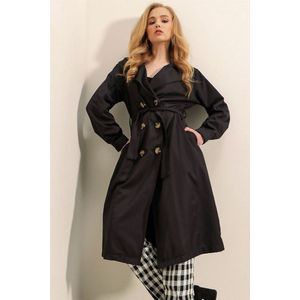 Dames Trenchcoat zwart lang met knopen en touwriem | Zwart