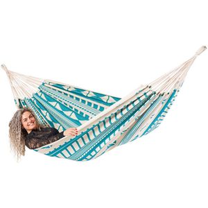 Luilak 2 persoons hangmat - 100% Katoen - 350x160cm - 160kg draagkracht - binnen & buiten - Blauw, Ecru, Groen