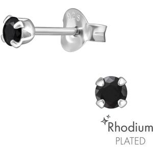 Joy|S - Zilveren oorknopjes 3 mm - zwart - zirkonia - rhodium plated - oorbellen