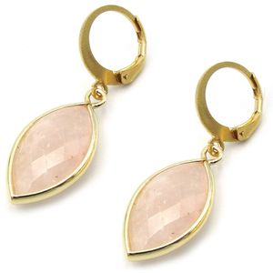 Gold plated oorbellen ringetjes met roze rozenkwarts natuursteen hanger totale lengte 35 mm