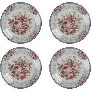 HAES DECO - Ontbijtborden set van 4 - Formaat Ø 21x2 cm - kleuren Wit - Bedrukt Porselein - Collectie: Peony Chique - Servies, kleine borden