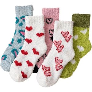 5 paar dikke, comfortabele damessokken per verpakking - Schattig hartvormig kattenpatroon - Katoen - Winter - Zachte kerstsokken - Cartoonpatroon voor dames