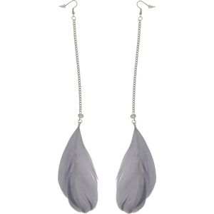 Behave Oorbellen - oorhangers - lange oorbellen - veren - grijs - zilver kleur - 21 cm
