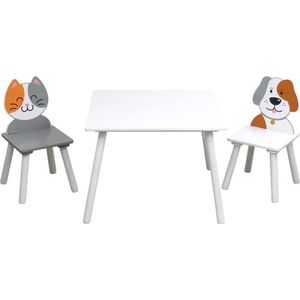 Houten kindertafel en stoeltjes Kat en Hond - Wit en Grijs - Speeltafel met 2 stoeltjes - Tekentafel voor kinderen - Knutseltafel  - Kindermeubels