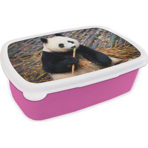 Broodtrommel Roze - Lunchbox - Brooddoos - Reuzepanda - Bamboe - Bladeren - 18x12x6 cm - Kinderen - Meisje