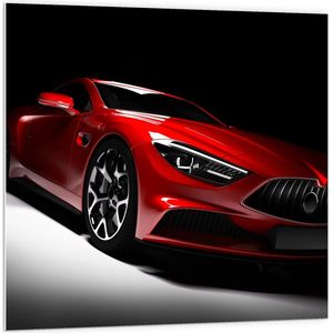 PVC Schuimplaat - Rode Auto in Grijs met Zwarte Omgeving - 100x100 cm Foto op PVC Schuimplaat (Met Ophangsysteem)